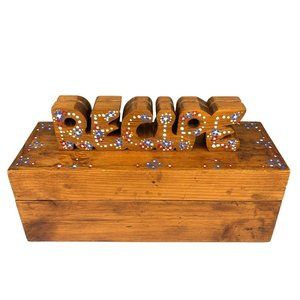 Vtg Wooden Hand Painted Double Recipe Box Red White Blue Hinged 11" Flower Wood